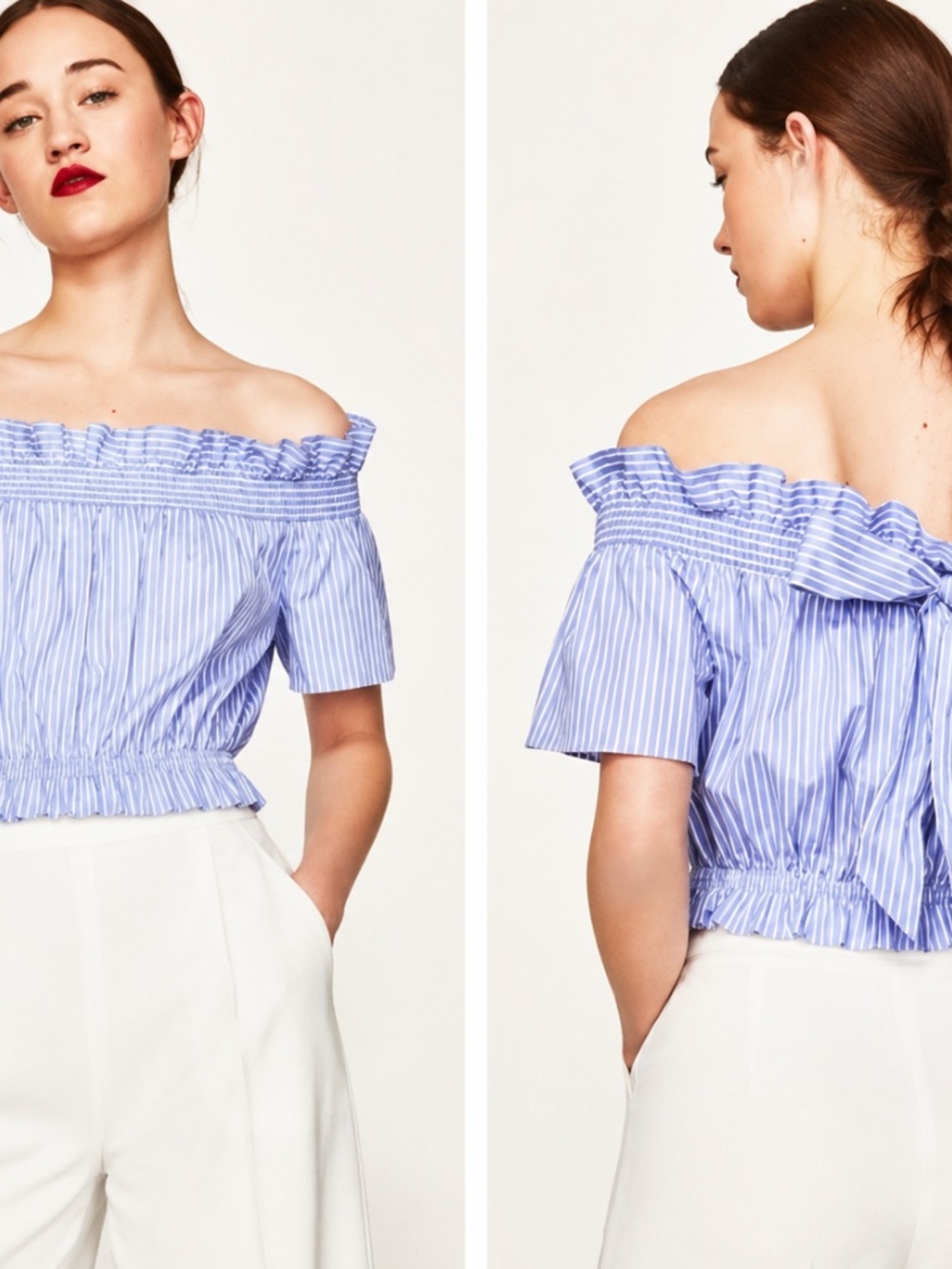 💙 ZARA Blue Stripe Off Shoulder Tie Back Crop Top | Smocked Ruffle Blouse